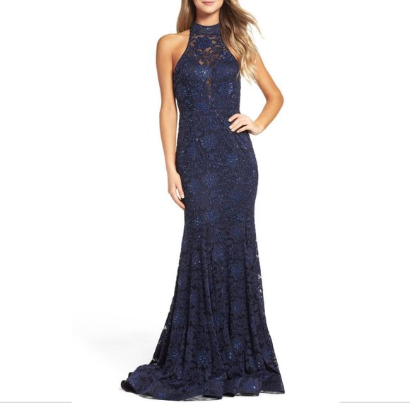 NEW! $568 La Femme Rhinestone Lace Gown‎ in Navy Blue [SZ 2 ] - Picture 10 of 10